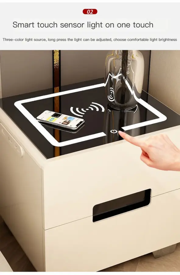 Modern Smart Nightstand with Wireless Charging & 3-Color LED Light 2 Drawer Bedside Table for Bedroom Furniture — image 4