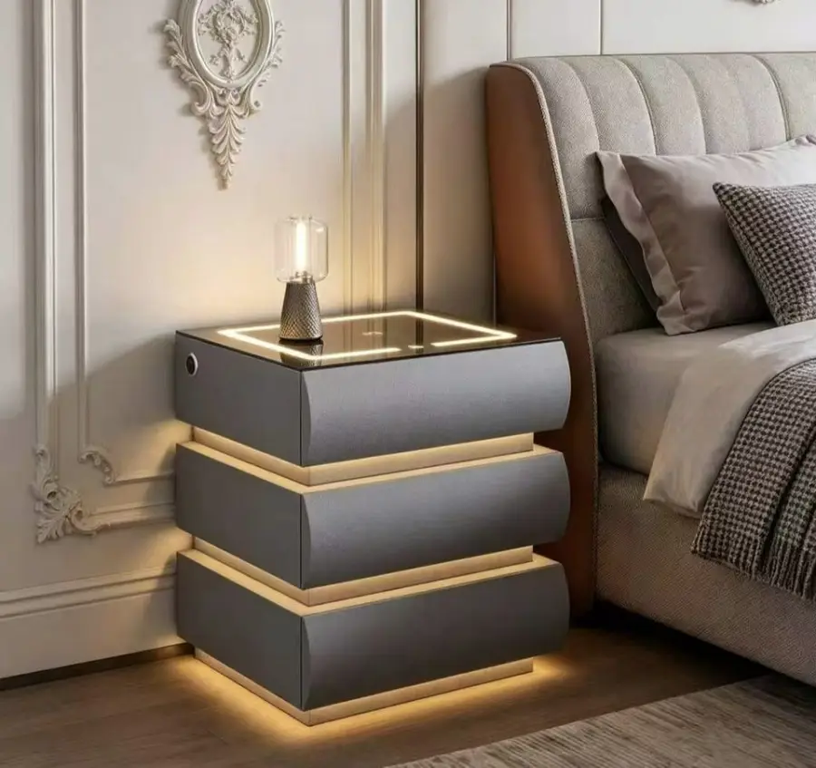 Modern Smart Nightstand with Wireless Charging & 3-Color LED Light 3 Drawer Bedside Table for Bedroom Furniture — image 3