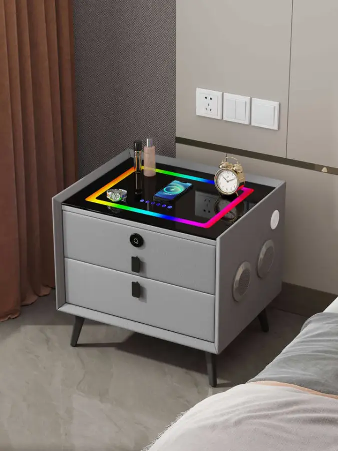 Luxury Smart Nightstand with Wireless Charging Bluetooth Speaker 7-Color LED Light Fingerprint Lock Bedside Table — view 1