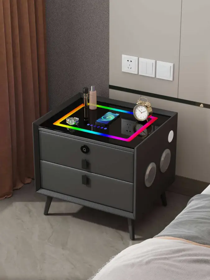 Luxury Smart Nightstand with Wireless Charging Bluetooth Speaker 7-Color LED Light Fingerprint Lock Bedside Table — image 2