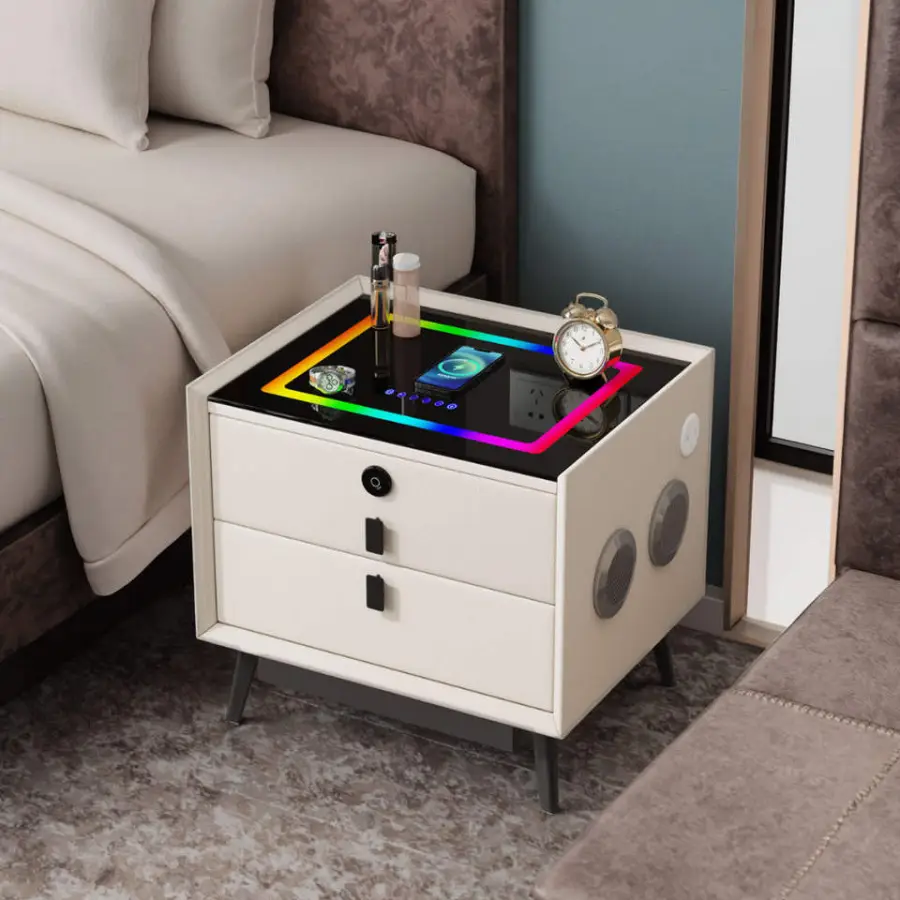 Luxury Smart Nightstand with Wireless Charging Bluetooth Speaker 7-Color LED Light Fingerprint Lock Bedside Table — image 3