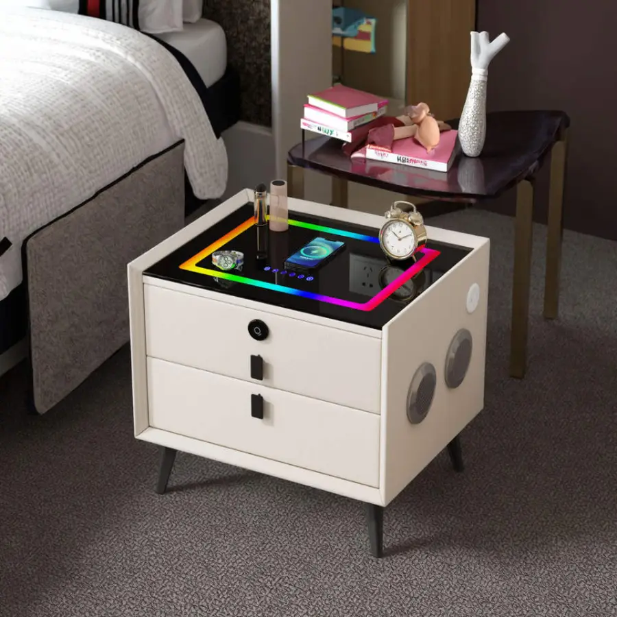 Luxury Smart Nightstand with Wireless Charging Bluetooth Speaker 7-Color LED Light Fingerprint Lock Bedside Table — image 4