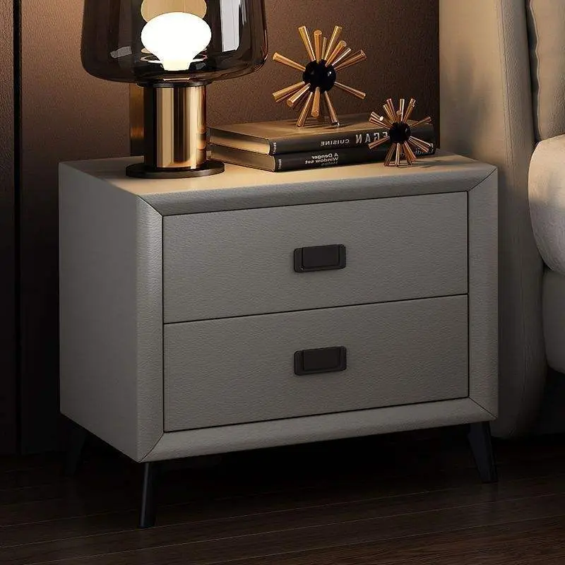 Modern Cheap Solid Wood Nightstand with Storage Light Luxury Bedside Table Simple Design Soft Leather Bedroom Furniture — image 2