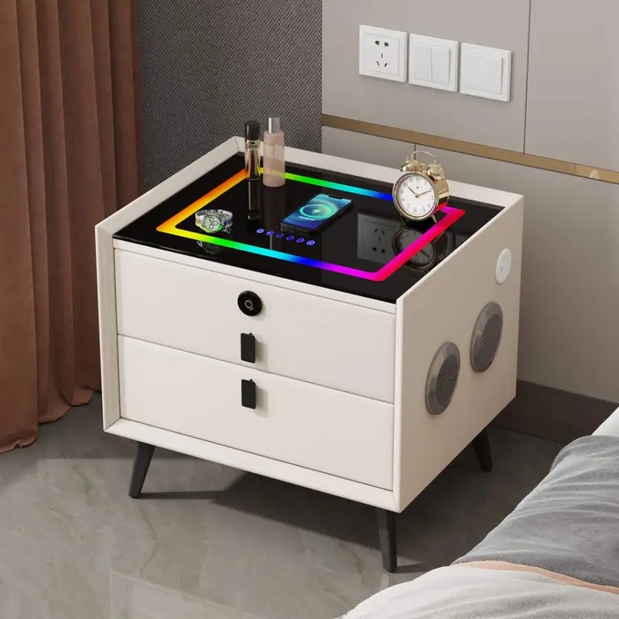 Luxury Smart Nightstand with Wireless Charging Bluetooth Speaker 7-Color LED Light Fingerprint Lock Bedside Table — image 5