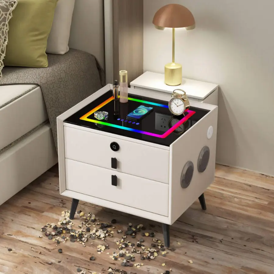 Luxury Smart Nightstand with Wireless Charging Bluetooth Speaker 7-Color LED Light Fingerprint Lock Bedside Table — image 6