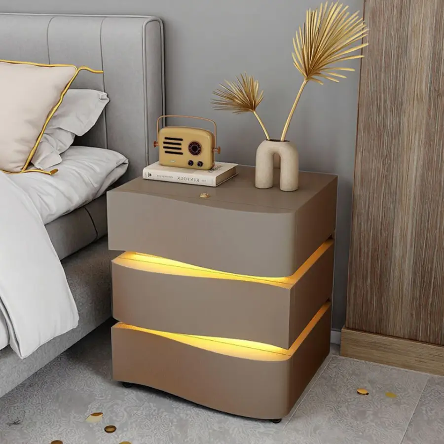 For Modern Wooden Durable Dining Nightstand with Lighting Water Waves Design Home Furniture — image 4