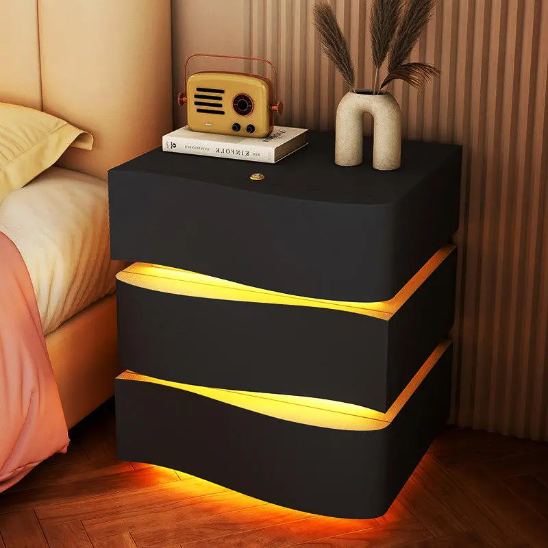 For Modern Wooden Durable Dining Nightstand with Lighting Water Waves Design Home Furniture — image 5