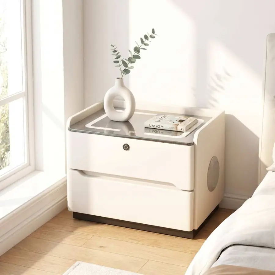 Modern Convertible Solid Wood Smart Bedroom Nightstand Wireless Charging RGB Light Stereo Speaker Secure Fingerprint — view 1