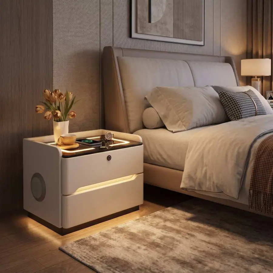 Modern Convertible Solid Wood Smart Bedroom Nightstand Wireless Charging RGB Light Stereo Speaker Secure Fingerprint — view 2
