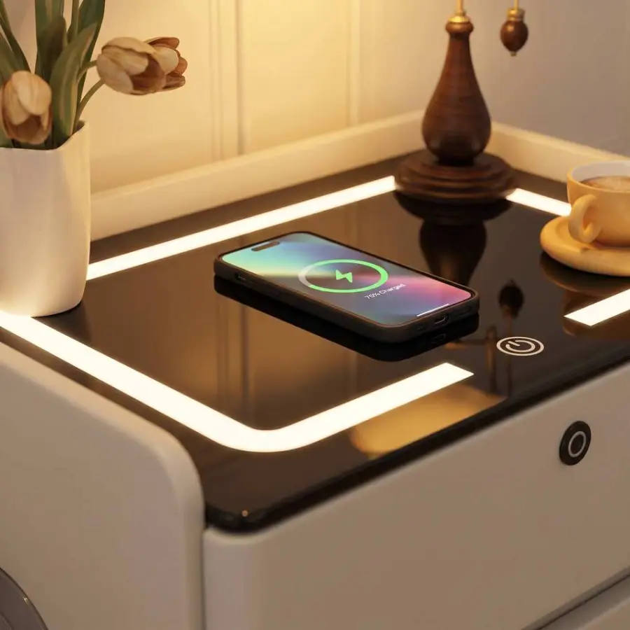 Modern Convertible Solid Wood Smart Bedroom Nightstand Wireless Charging RGB Light Stereo Speaker Secure Fingerprint — view 3