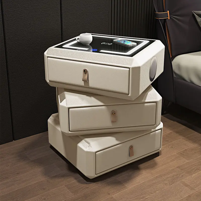 Creative New Design Luxury Modern Bedroom Furniture Smart Nightstand Bedside Table Wooden Rotatable 3 Drawers Hotel Apar — view 3