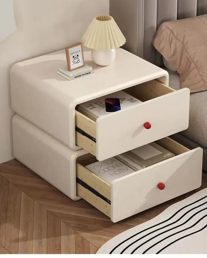 Cheap Cream Bedside Table 2 Drawers Bedroom Nightstand Modern Luxury Designer Solid Wooden Furniture Wireless Charging H — view 6