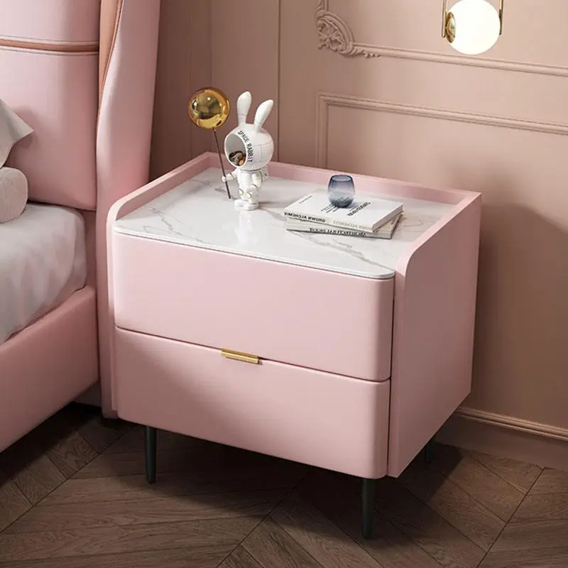 Pink Leather Bedside Table with Sintered Stone Top Modern High-End Minimalist Design 2 Drawers Bedroom Furniture — view 1