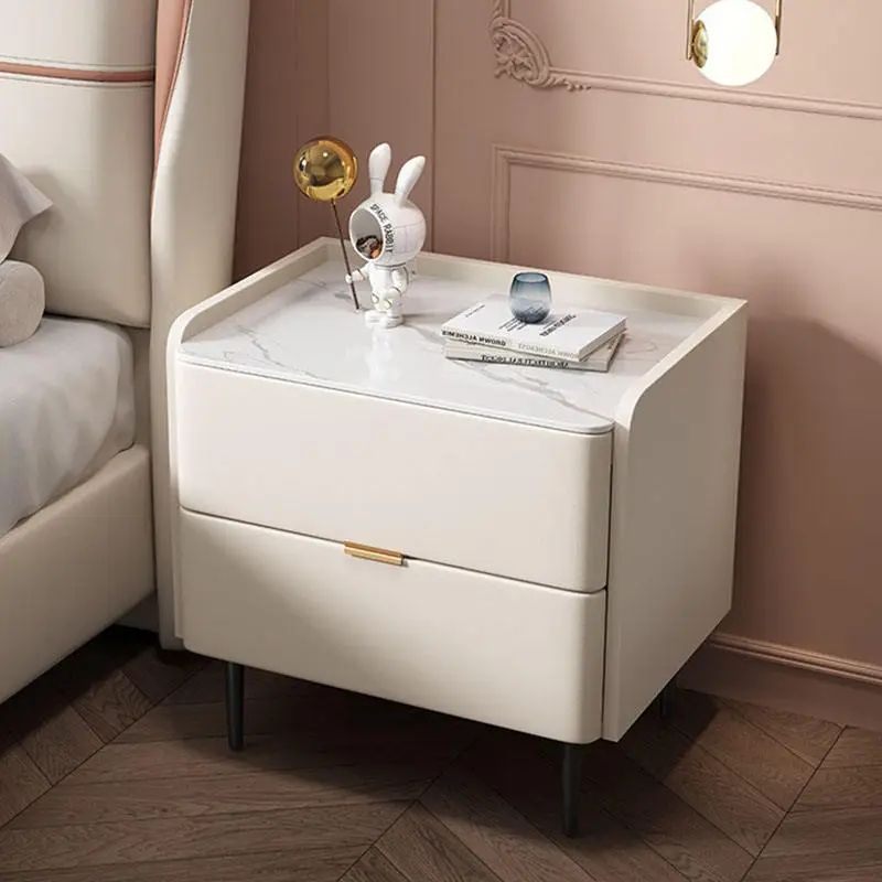Pink Leather Bedside Table with Sintered Stone Top Modern High-End Minimalist Design 2 Drawers Bedroom Furniture — view 2