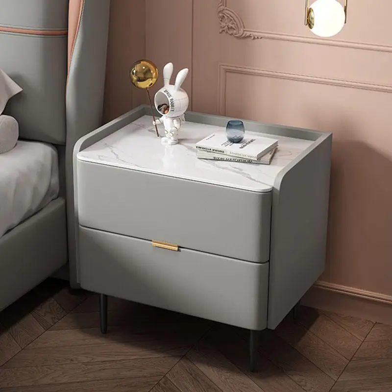 Pink Leather Bedside Table with Sintered Stone Top Modern High-End Minimalist Design 2 Drawers Bedroom Furniture — view 3