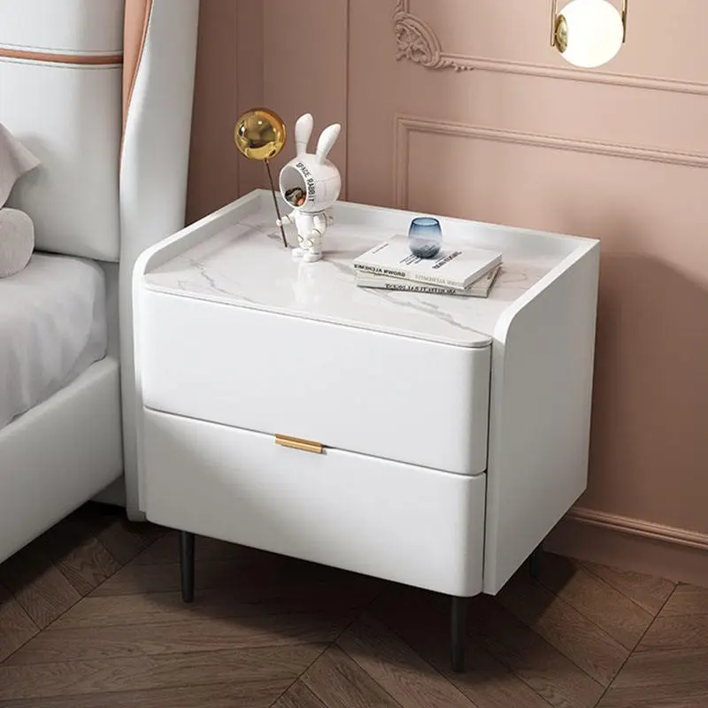 Pink Leather Bedside Table with Sintered Stone Top Modern High-End Minimalist Design 2 Drawers Bedroom Furniture — view 4