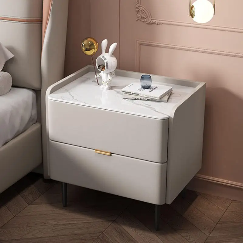 Pink Leather Bedside Table with Sintered Stone Top Modern High-End Minimalist Design 2 Drawers Bedroom Furniture — view 5