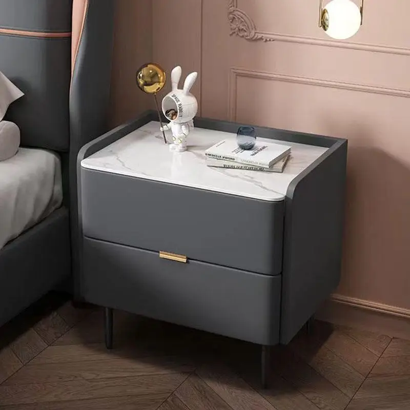 Pink Leather Bedside Table with Sintered Stone Top Modern High-End Minimalist Design 2 Drawers Bedroom Furniture — view 6