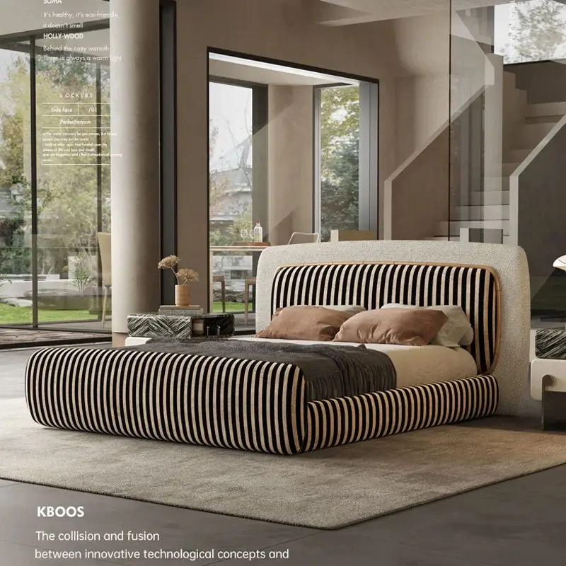 Italian Eco-Friendly Durable Minimalist Bed Villa Living Room Designer Double Black White Striped Soft Upholstered Fabriccloud — image 4