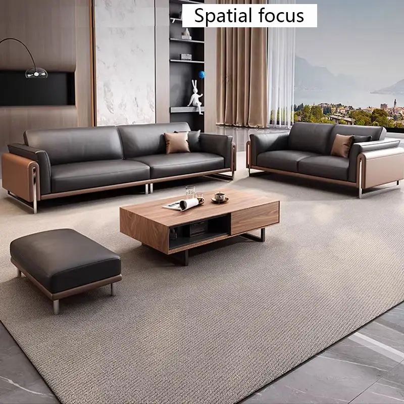 Modern Minimalist PU Leather Sectional Three-person Office Sofa Set High-Density Sponge for Business Meetings Guest Rece — view 1