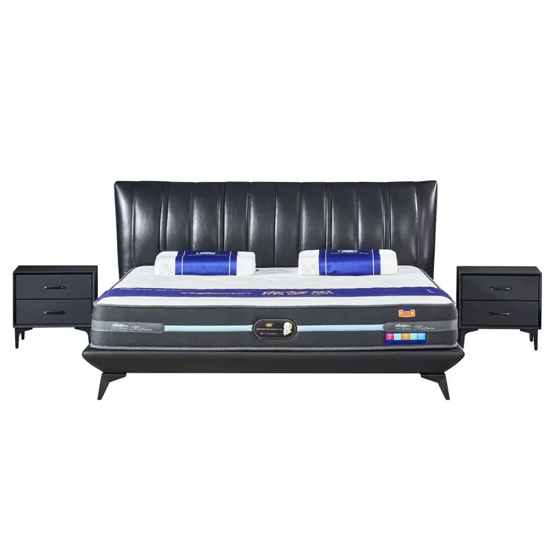 Modern Fashionable Black High-legged Genuine Leather Artificial Leather Sponge Upholstered Full Size Extra-large Soft Bed — image 2