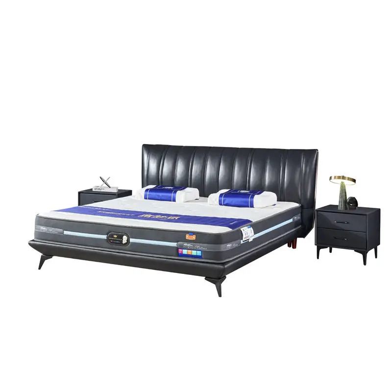 Modern Fashionable Black High-legged Genuine Leather Artificial Leather Sponge Upholstered Full Size Extra-large Soft Bed — image 6