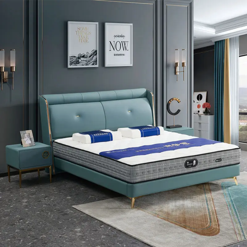 Luxury Light Design Minimalist Pine Wood Frame Soft Bed Eco-Friendly Genuine Leather Upholstered Full Bedroom Hotel Vill — view 1
