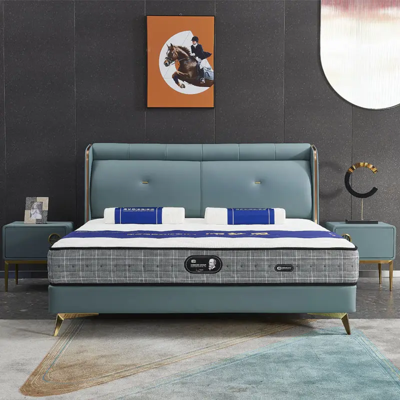 Luxury Light Design Minimalist Pine Wood Frame Soft Bed Eco-Friendly Genuine Leather Upholstered Full Bedroom Hotel Villa — image 2