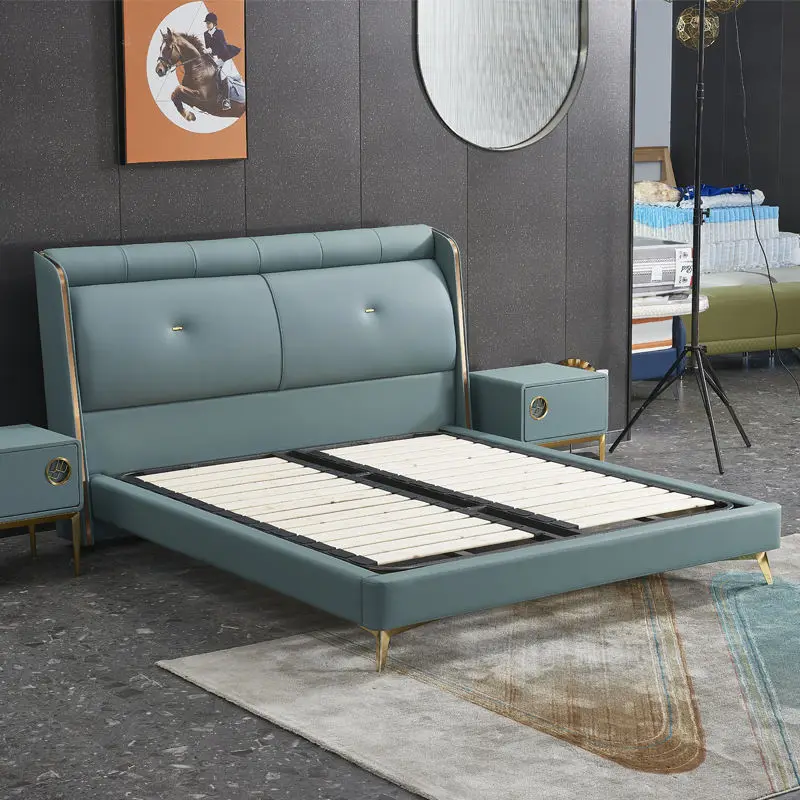 Luxury Light Design Minimalist Pine Wood Frame Soft Bed Eco-Friendly Genuine Leather Upholstered Full Bedroom Hotel Villa — image 3