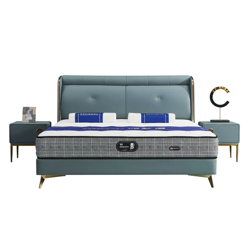 Luxury Light Design Minimalist Pine Wood Frame Soft Bed Eco-Friendly Genuine Leather Upholstered Full Bedroom Hotel Villa — image 6