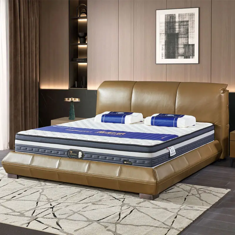 Luxurious Full Size Soft Bed Genuine Leather Upholstery Pine Wood Frame Eco-Friendly Durable Design Foldable 2-Year Warr — view 1