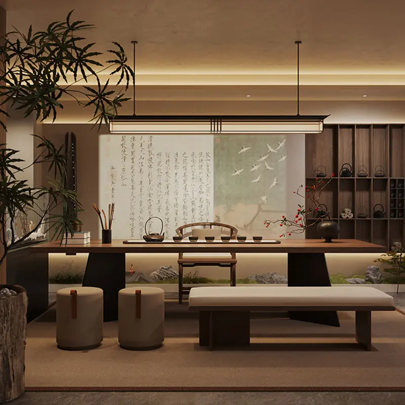 Modern Chinese Style Song Dynasty Aesthetic Solid Wood Large Plate Tea Table New High-End Office Reception Extendable De — view 3