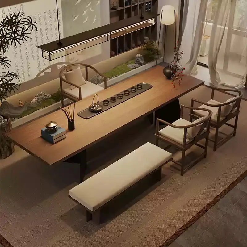 Modern Chinese Style Song Dynasty Aesthetic Solid Wood Large Plate Tea Table New High-End Office Reception Extendable De — view 5