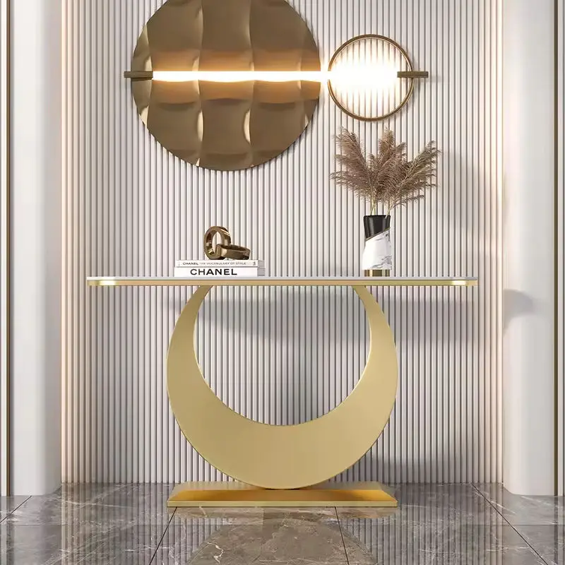 Maxky Nordic Simple Modern Gold Console Table Light Luxury Semi-Circular Slate Entry Dining Bedroom Living Room School — view 1
