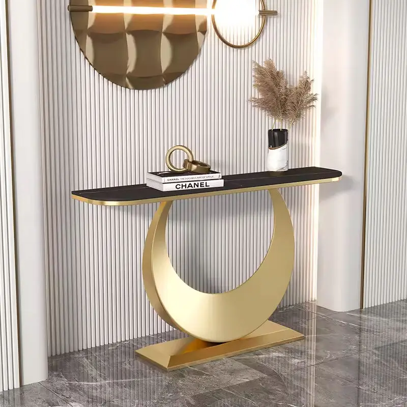 Maxky Nordic Simple Modern Gold Console Table Light Luxury Semi-Circular Slate Entry Dining Bedroom Living Room School — image 3
