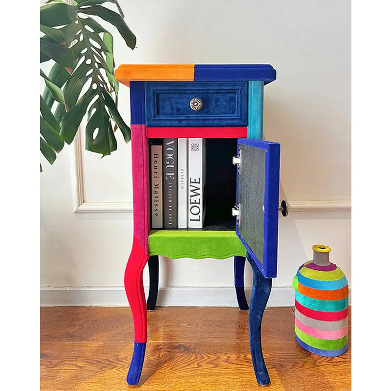 Luxury Custom European Solid Wood Bedside Table Modern Living Room Furniture Cloth Contrast Color Side Cabinet Storage Locker — image 4