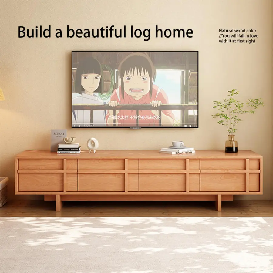Solid Wood TV Cabinet Oak Floor Cabinet Modern Simple Small Apartment Low Living Room Log Style Storage Cabinet — view 2