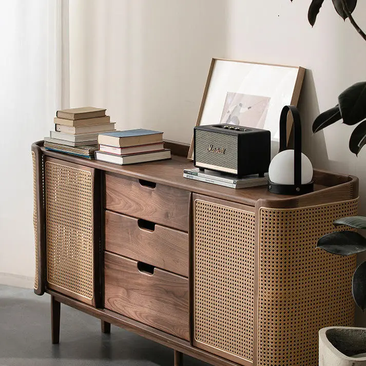 Black Walnut Sideboard Storage Cabinet Rattan Sliding Door Restaurant Wall Solid Wood Cabinet Storage Multi-function Cab — view 1