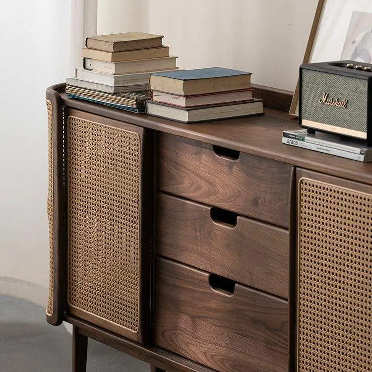 Black Walnut Sideboard Storage Cabinet Rattan Sliding Door Restaurant Wall Solid Wood Cabinet Storage Multi-function Cabinet — image 3