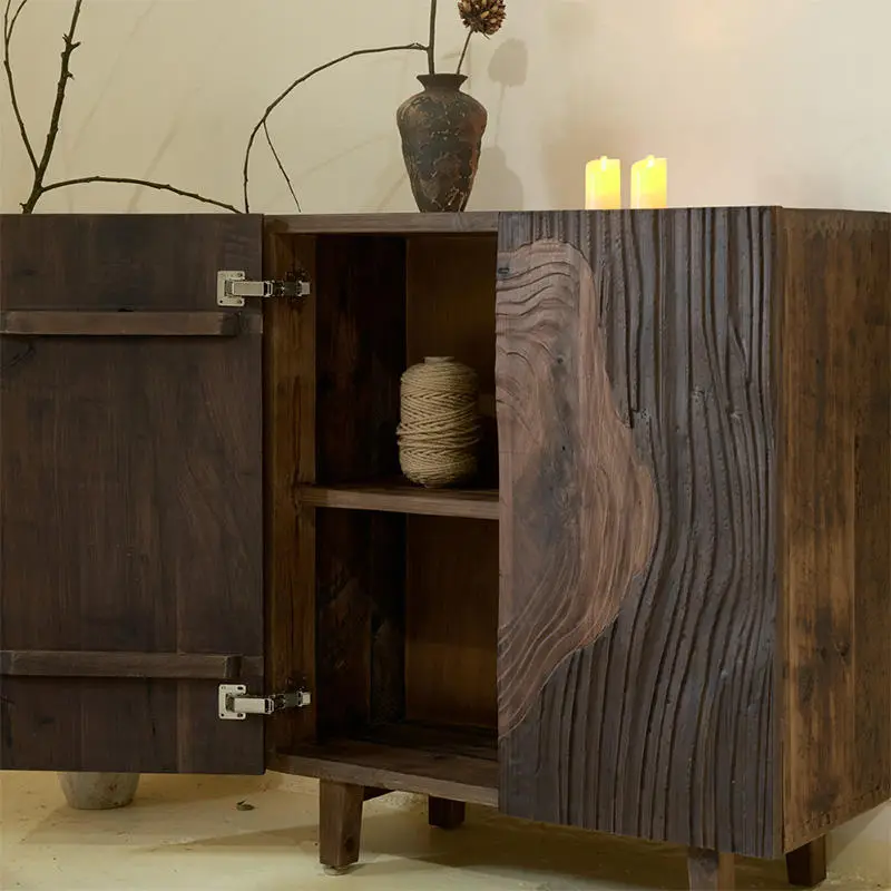 Wabi-sabi Style Solid Wood Dining Sideboard Retro Storage Cabinet Homestay Double Door Tea Living Room Entrance Storage — view 4