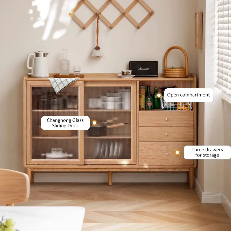 Ultra-Thin Solid Wood Sideboard Cabinet Modern Oak Tea Log Kitchen Storage for Living Room Home Furniture — image 3