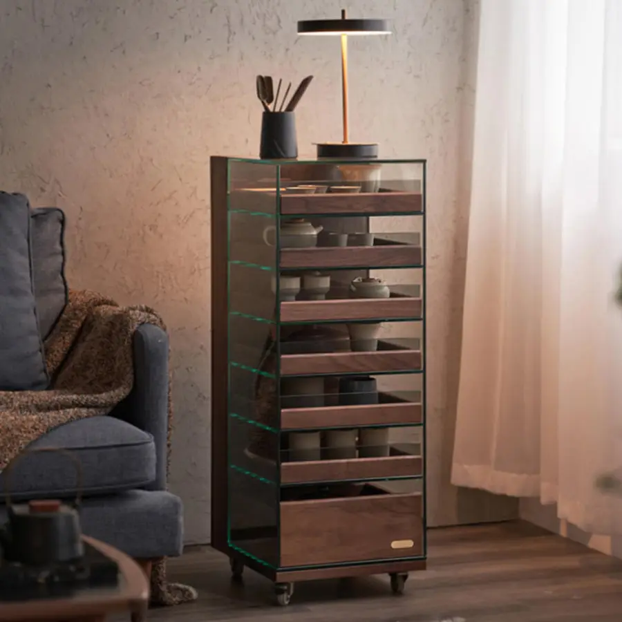 Glass Display Cabinet Sofa Sideboard Black Walnut Removable Jewelry Organizer Armoire Cabinet Solid Wood Tea Set Cabinet — image 2
