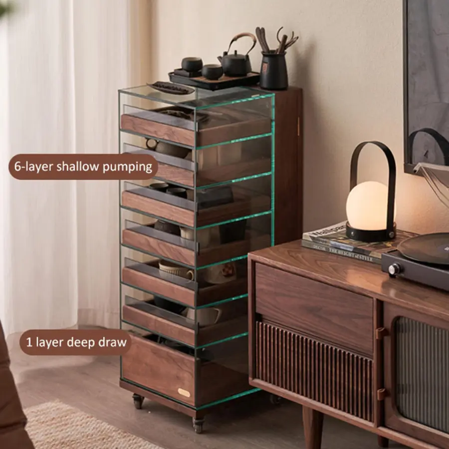 Glass Display Cabinet Sofa Sideboard Black Walnut Removable Jewelry Organizer Armoire Cabinet Solid Wood Tea Set Cabinet — image 3