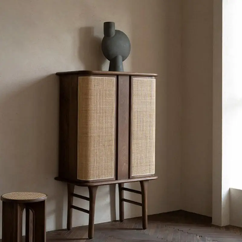 Modern Retro Dining Sideboard North American Black Walnut with Japanese Rattan Large Capacity Living Room Storage Wine C — view 1