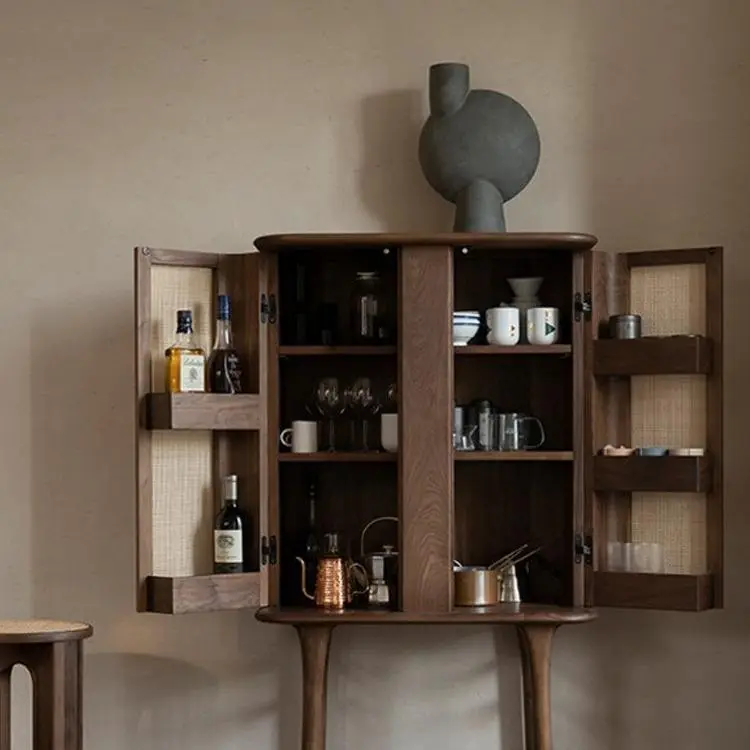 Modern Retro Dining Sideboard North American Black Walnut with Japanese Rattan Large Capacity Living Room Storage Wine Cabinet — image 4