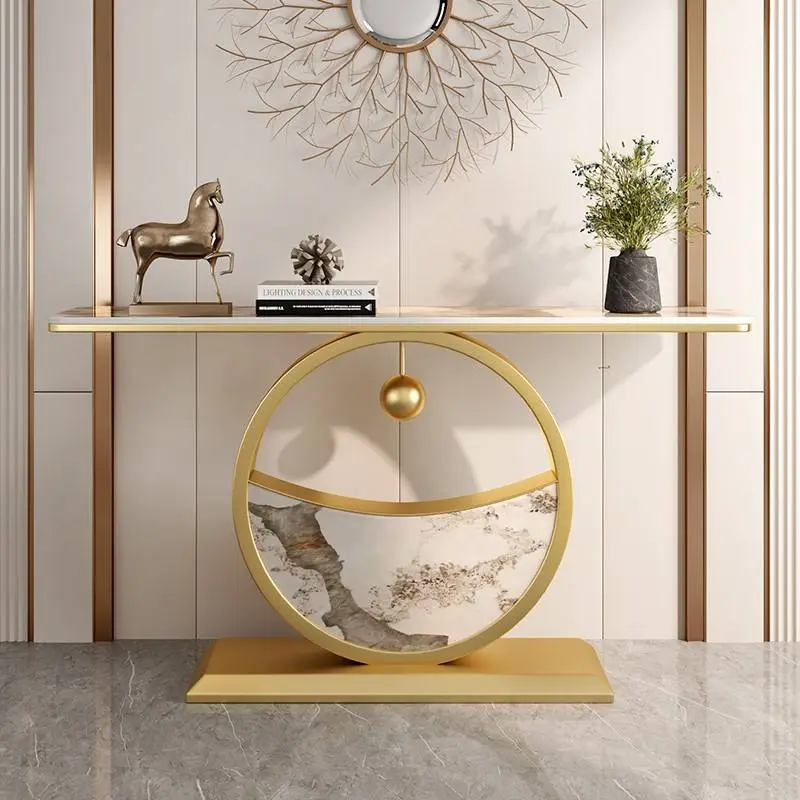 Light Luxury Rock Slab Porch Table Living Room Porch Cabinet Wall Semi-circular Gold Console Table Ultra-narrow View Platform — image 2