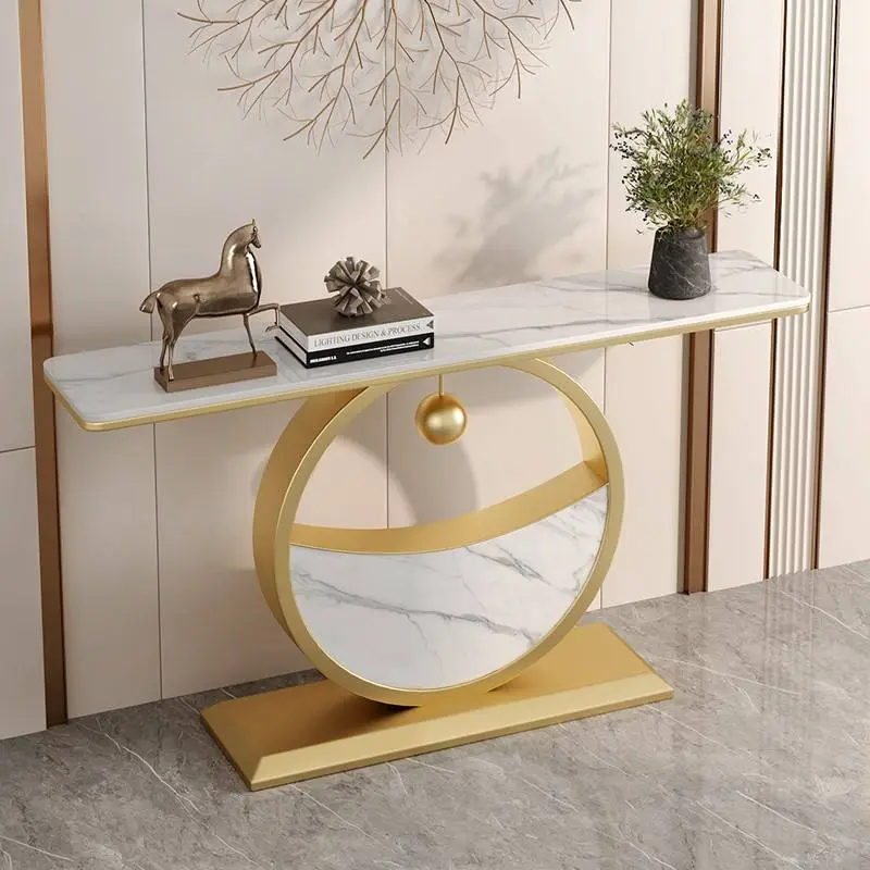 Light Luxury Rock Slab Porch Table Living Room Porch Cabinet Wall Semi-circular Gold Console Table Ultra-narrow View Platform — image 3