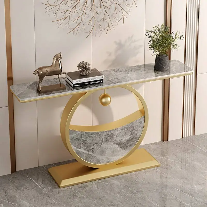 Light Luxury Rock Slab Porch Table Living Room Porch Cabinet Wall Semi-circular Gold Console Table Ultra-narrow View Platform — image 4