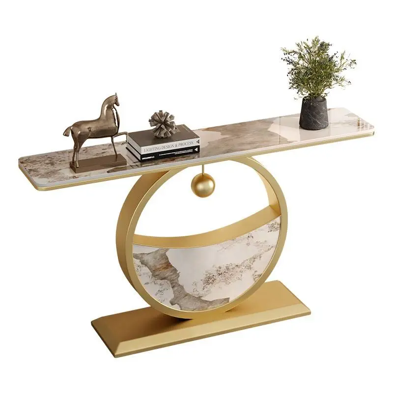 Light Luxury Rock Slab Porch Table Living Room Porch Cabinet Wall Semi-circular Gold Console Table Ultra-narrow View Platform — image 5