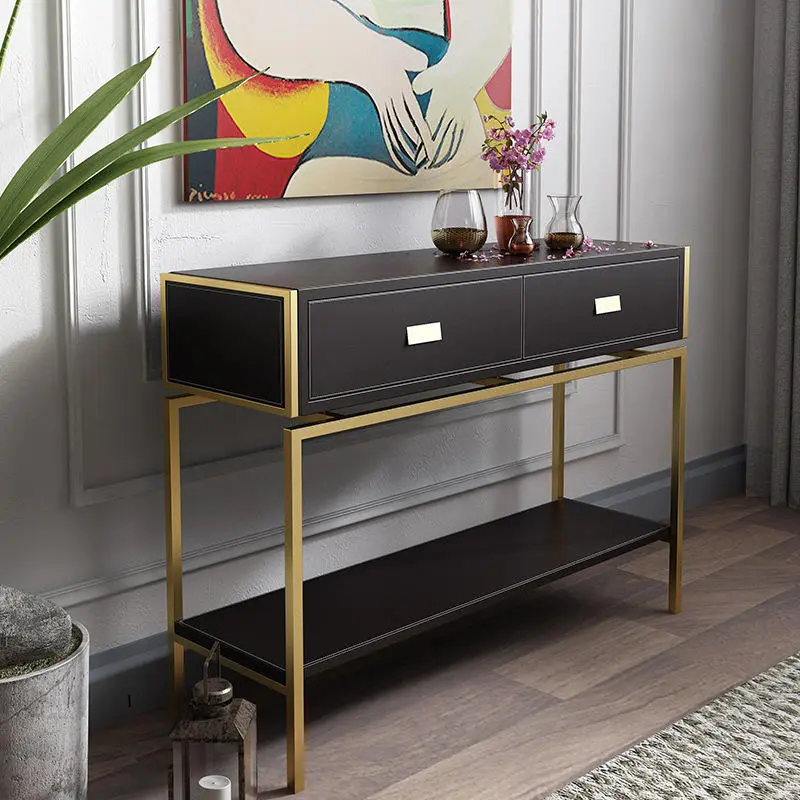 Light Luxury Gold Console Table Modern Living Room Decorative Table Stainless Steel Leather Art Cabinet Dresser with Dra — view 1